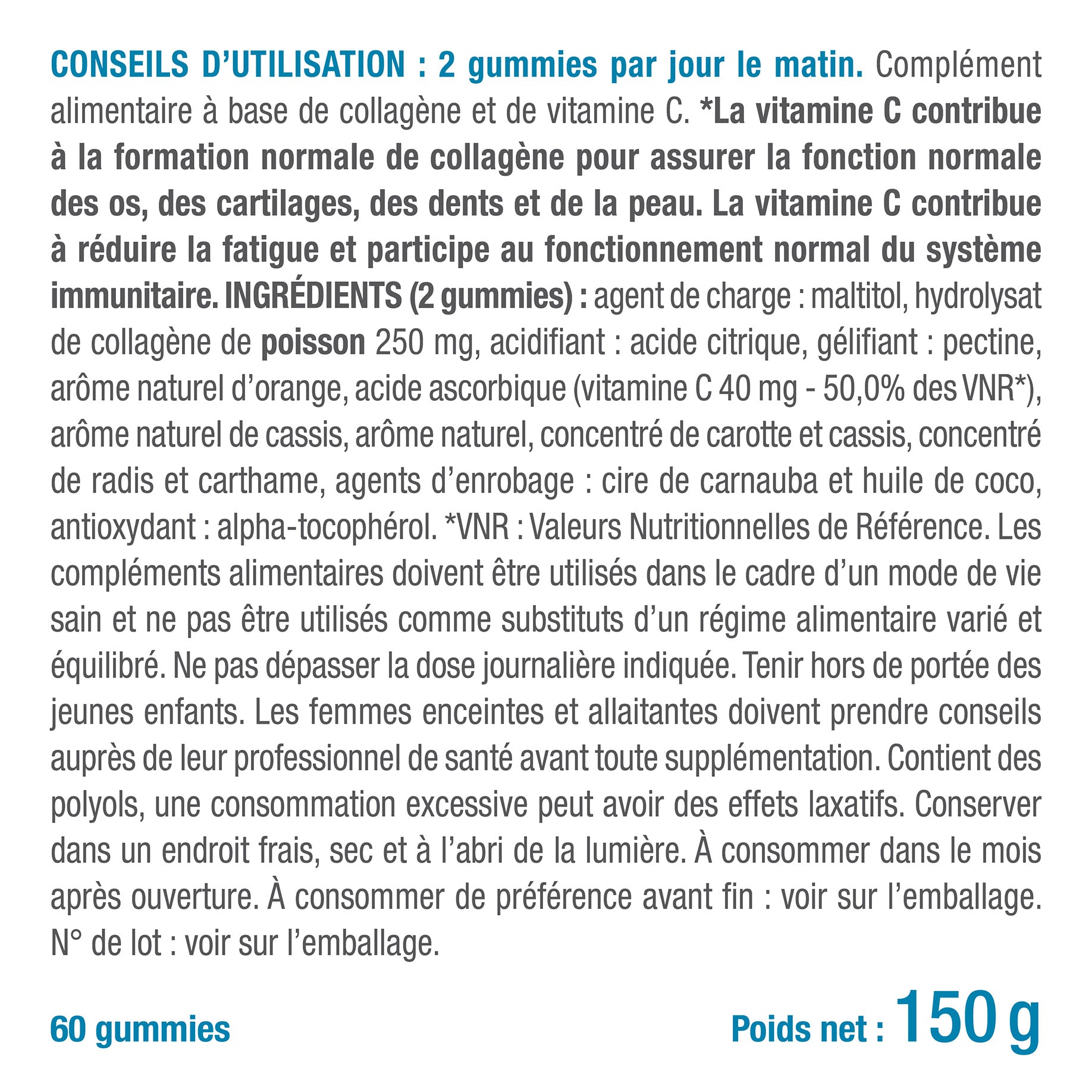 Etiquette et posologie du complément alimentaire en Gummies à base de Collagène et de vitamine C