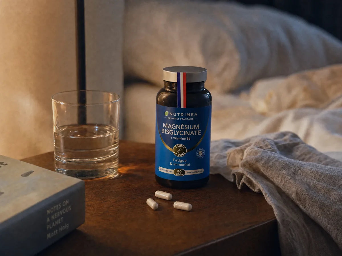 Le pilulier Nutrimea Magnésium Bisglycinate sur une table de chevet, le soir, à côté d’un verre d’eau et de trois gélules
