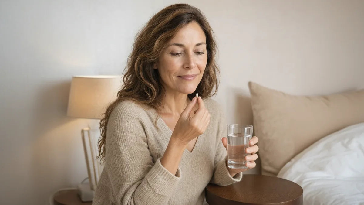 Une femme d’une cinquantaine d’années, assise chez elle, s’apprête à prendre une gélule avec un verre d’eau.