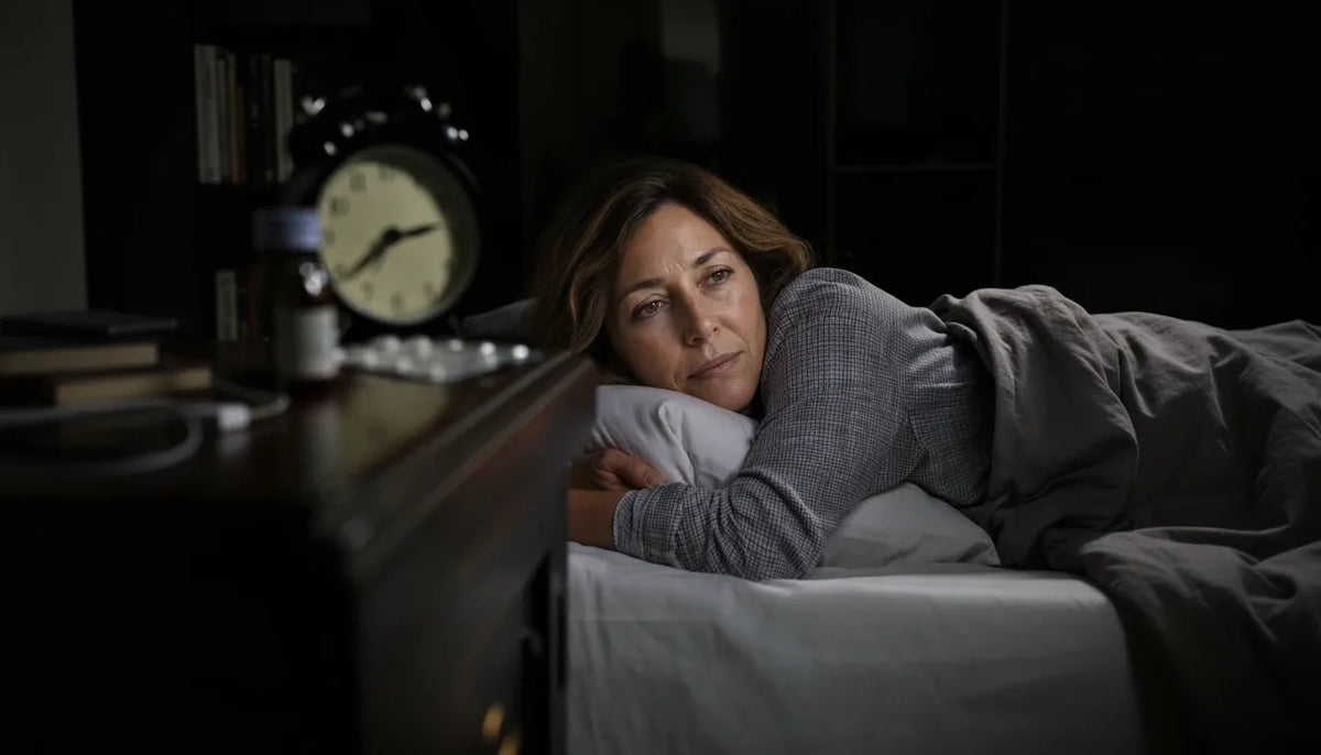 Une femme d’une cinquantaine d’années, éveillée dans son lit en pleine nuit, le regard dans le vide ; sur la table de chevet, un réveil.