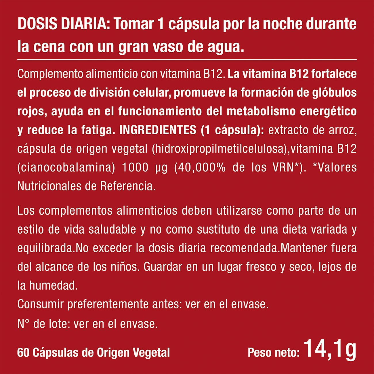 Imagen del envase del suplemento Vitamina B12 Imagen del envase del suplemento Vitamina B12