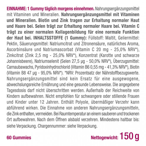 Etikett des Nahrungsergänzungsmittels Gummies Haar und Nagel