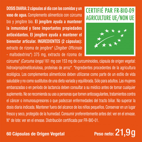 Etiqueta del complemento alimenticio de cúrcuma ecológica de Nutrimea