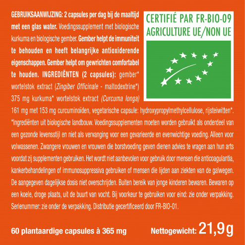 Voedingsetiket voor Nutrimea's Curcuma Gember biologisch voedingssupplement