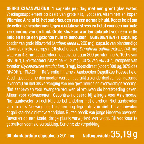 Etiket en dosering van het zonnesupplement Perfect Skin van Nutrimea