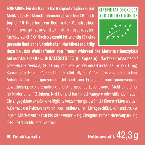 Etikett des Nahrungsergänzungsmittels Bio-Nachtkerzenöl