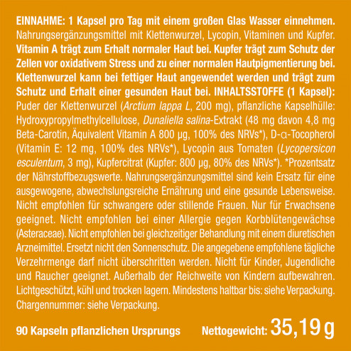 Etikett und Dosierung von Nutrimeas Perfect Skin, Nahrungsergänzungsmittel zum Schutz vor der Sonne