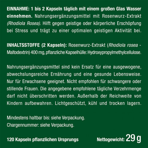 Dosierung und Etikett des Nahrungsergänzungsmittels mit Bio-Rhodiola von Nutrimea