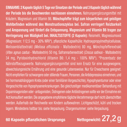 Etikett des Nahrungsergänzungsmittels Pre-Menstrual Complex von Nutrimea
