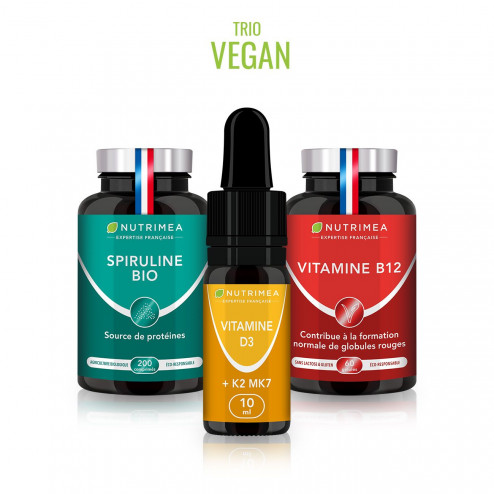 Fond blanc du pilulier de Trio VEGAN - Spiruline, Vitamine B12 & Vitamine D