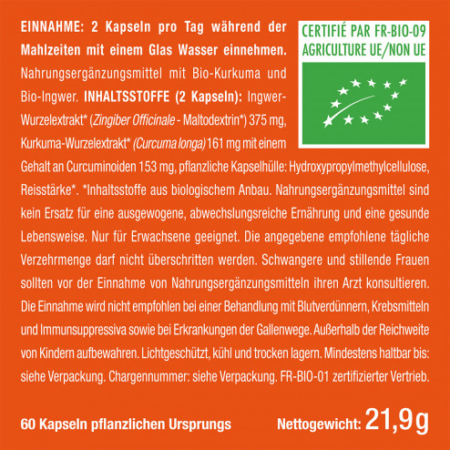Etikett und Dosierung des Nahrungsergänzungsmittels Bio-Kurkuma Ingwer von Nutrimea