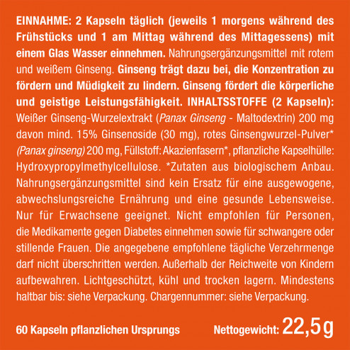 Dosierung und Etikett des Nahrungsergänzungsmittels Tonus Ginseng von Nutrimea