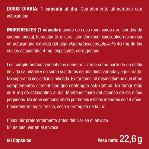 Etiqueta del complemento alimenticio Nutrimea Astaxantina para la visión