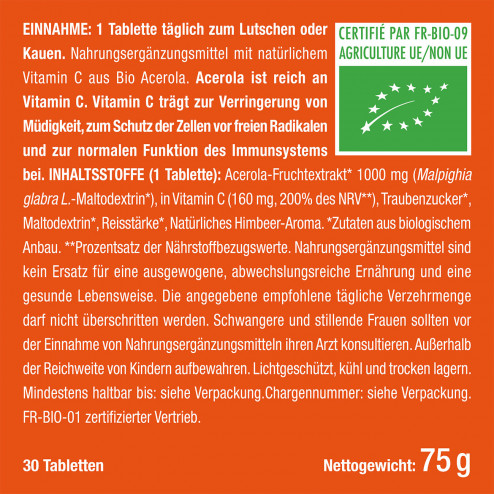 Etikett des Nahrungsergänzungsmittels Acerola Bio von Nutrimea