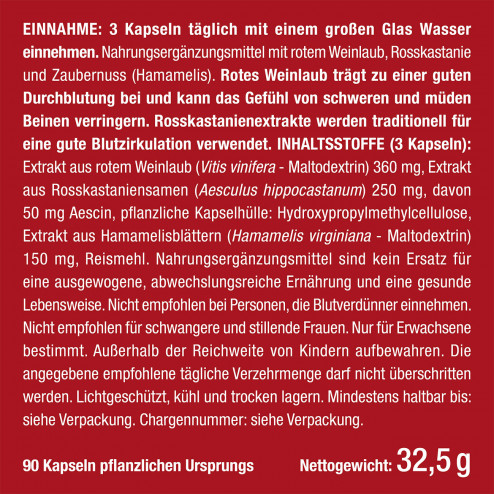 Etikett und Dosierung des Nahrungsergänzungsmittels Kreislauf schwere Beine von Nutrimea