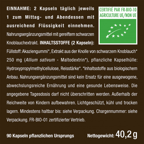 Dosierung auf dem Etikett des Nahrungsergänzungsmittels Schwarzer Knoblauch von Nutrimea