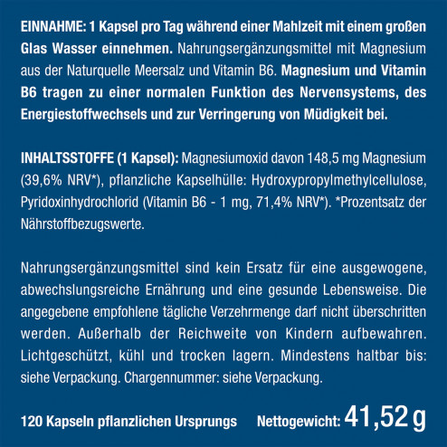 Etikett und Dosierung von Nutrimeas Nahrungsergänzungsmittel Marinemagnesium und Vitamin B6
