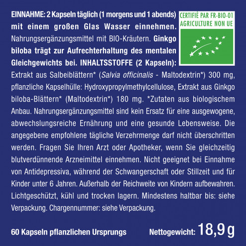 etikett des Nahrungsergänzungsmittels Ginkgo