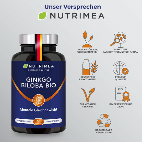 Infografik mit den Versprechen des Nahrungsergänzungsmittels Nutrimea Ginkgo Biloba Bio Gedächtnis-Spezial