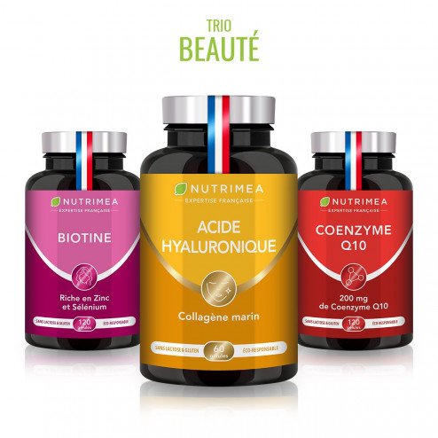 Fond blanc du pilulier de Trio BEAUTÉ - Biotine, Acide Hyaluronique, Coenzyme Q10