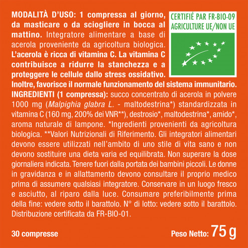Etichetta dell'integratore di acerola con lista di ingredienti