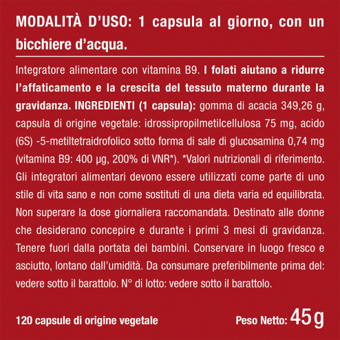 Etichetta dell'integratore di acido folico Nutrimea con dettagli degli ingredienti e certificazione ISO