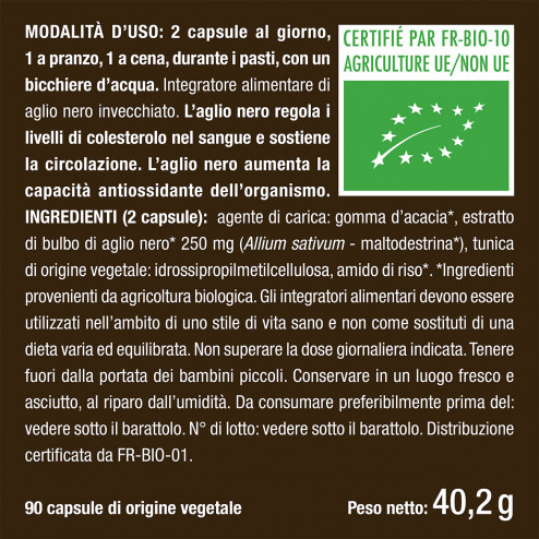 Etichetta ingredienti dell'integratore alimentare naturale in capsule di aglio nero biologico fermentato