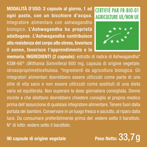 Etichetta ingredienti integratore alimentare naturale ashwagandha bio ksm66