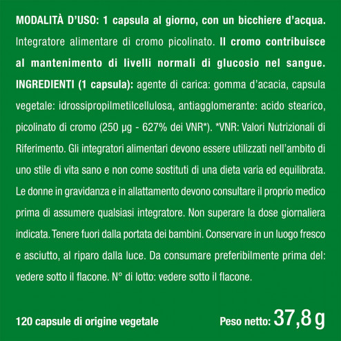 Etichetta ingredienti integratore cromo picolinato per controllare gli zuccheri nel sangue