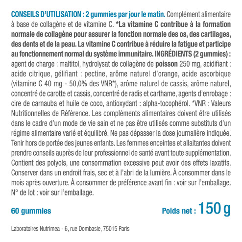 Etiquette et posologie du complément alimentaire en Gummies à base de Collagène et de vitamine C
