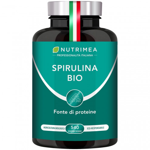 Sfondo bianco del portapillole Spirulina Biologica