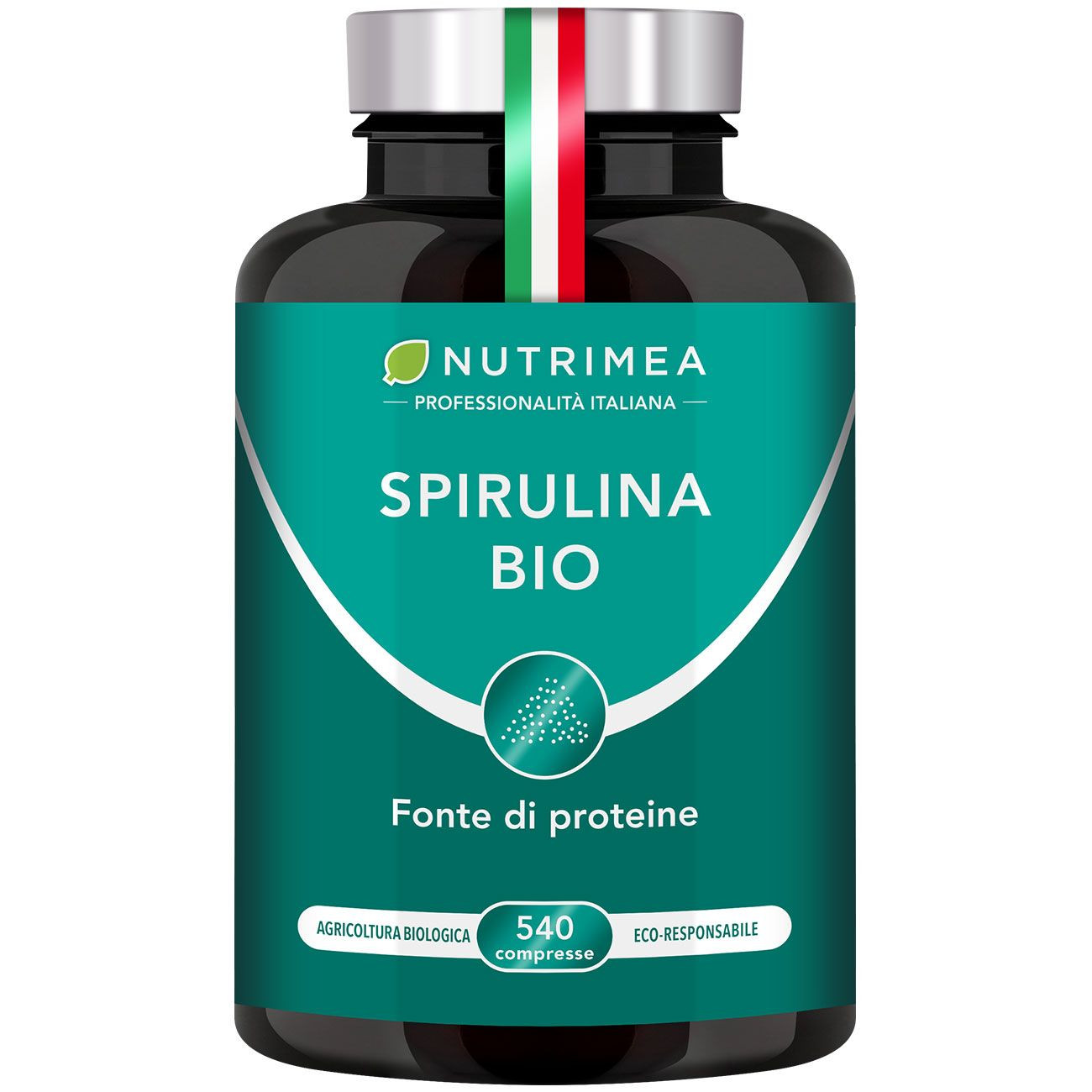 Sfondo bianco del portapillole Spirulina Biologica