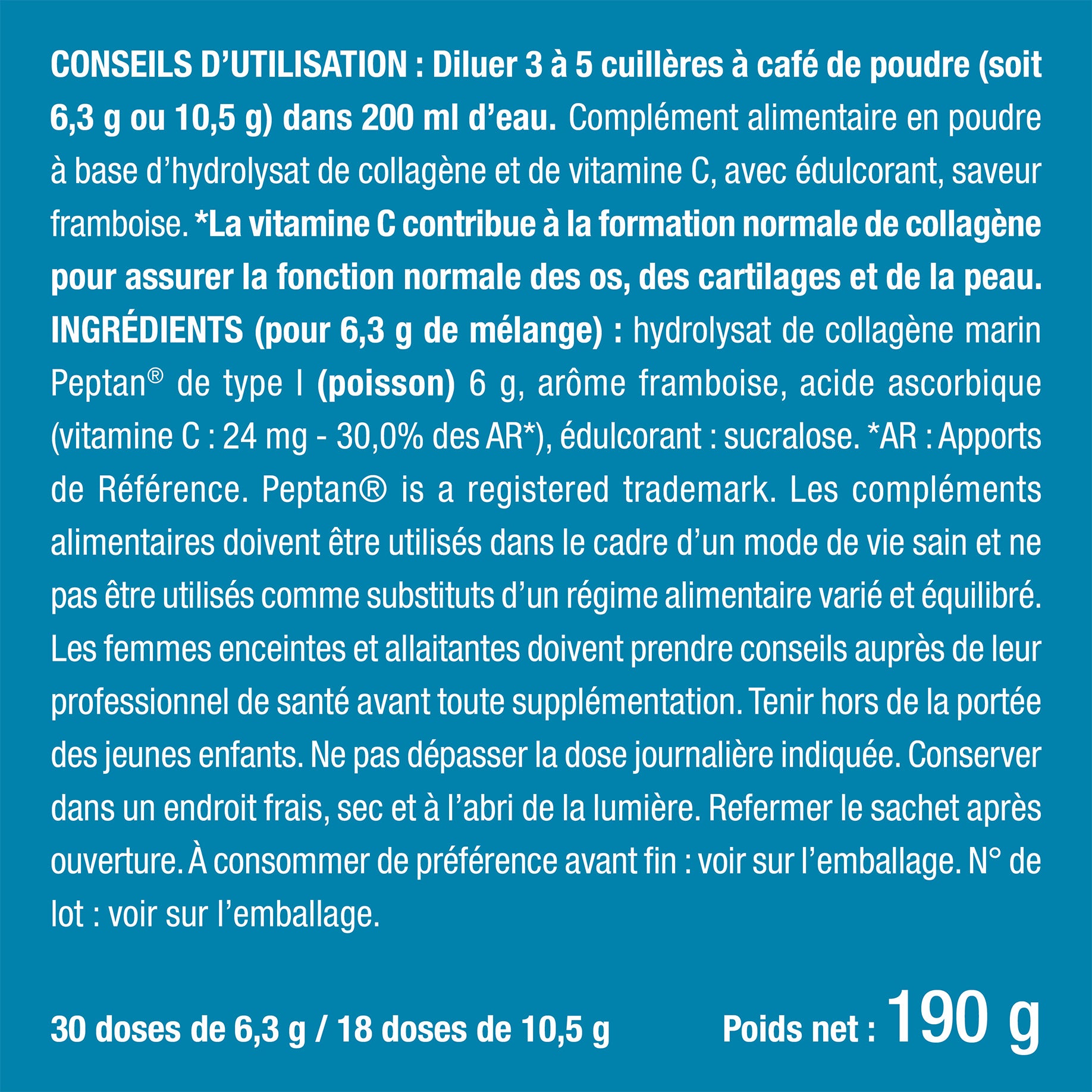 Posologie et étiquette du complément alimentaire Collagène Marin en Poudre de Nutrimea