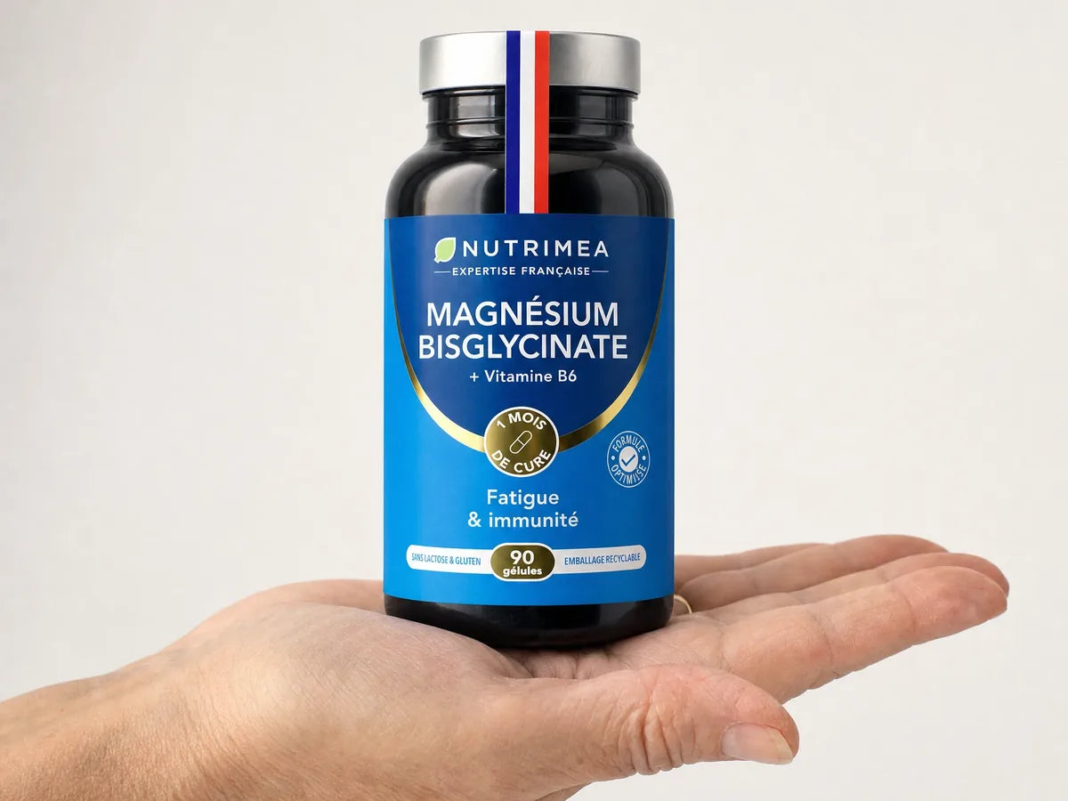 Le pilulier Nutrimea Magnésium Bisglycinate + vitamine B6, 90 gélules, posé dans le creux d’une main