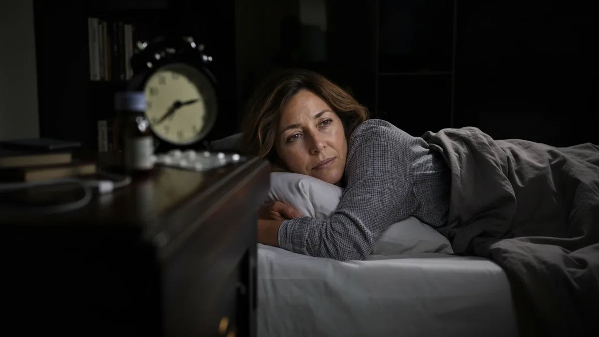Une femme d’une cinquantaine d’années, éveillée dans son lit la nuit, regarde le réveil sur sa table de chevet.