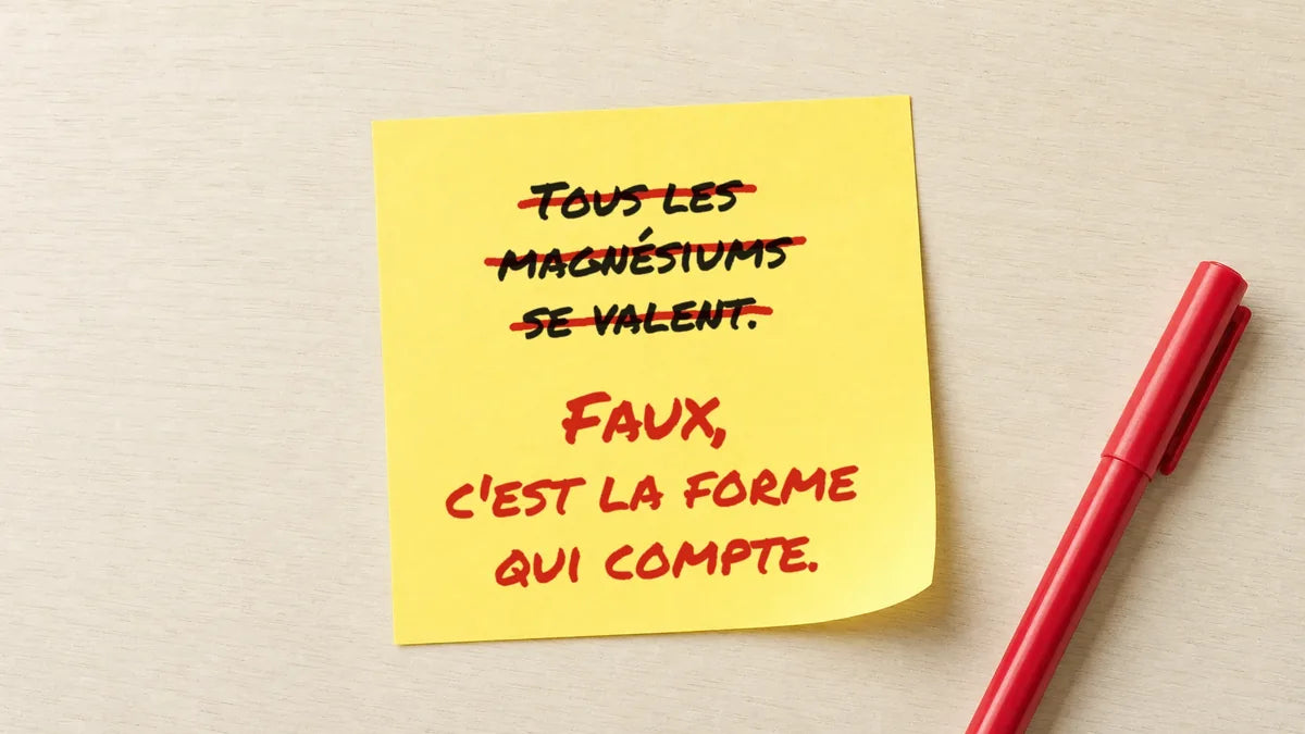 Un post-it jaune : « Tous les magnésiums se valent. » barré en rouge, et dessous « Faux, c’est la forme qui compte. »