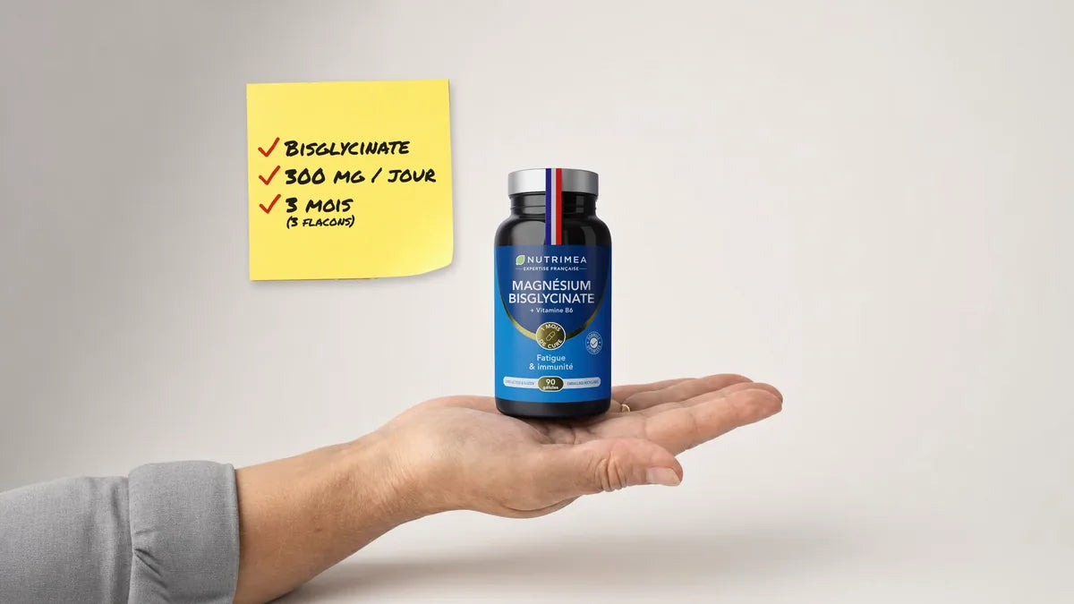 Un flacon de Magnésium Bisglycinate Nutrimea posé dans la paume d’une main, à côté d’un post-it : « Bisglycinate, 300 mg / jour, 3 mois (3 flacons) », chaque ligne cochée.