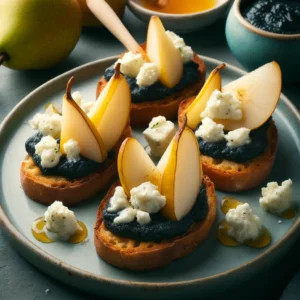 Illustration bruschettas à l’Ail Noir, Poire et Gorgonzola​