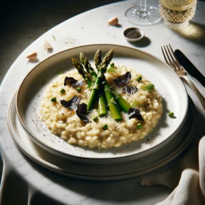 Illustration recette de Risotto à l’Ail Noir et Asperges Vertes