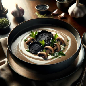 Illustration recette de Velouté de Champignons à l’Ail Noir