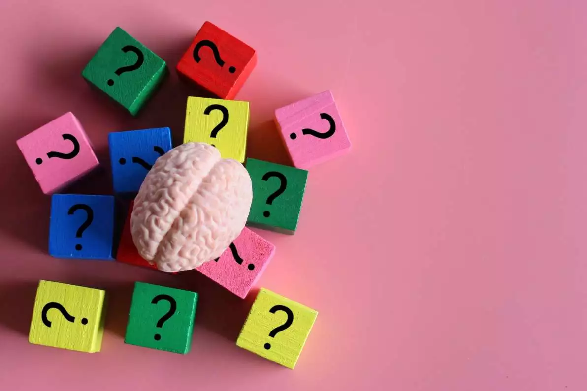 Cerveau sur des cubes en bois avec un point d'interrogation
