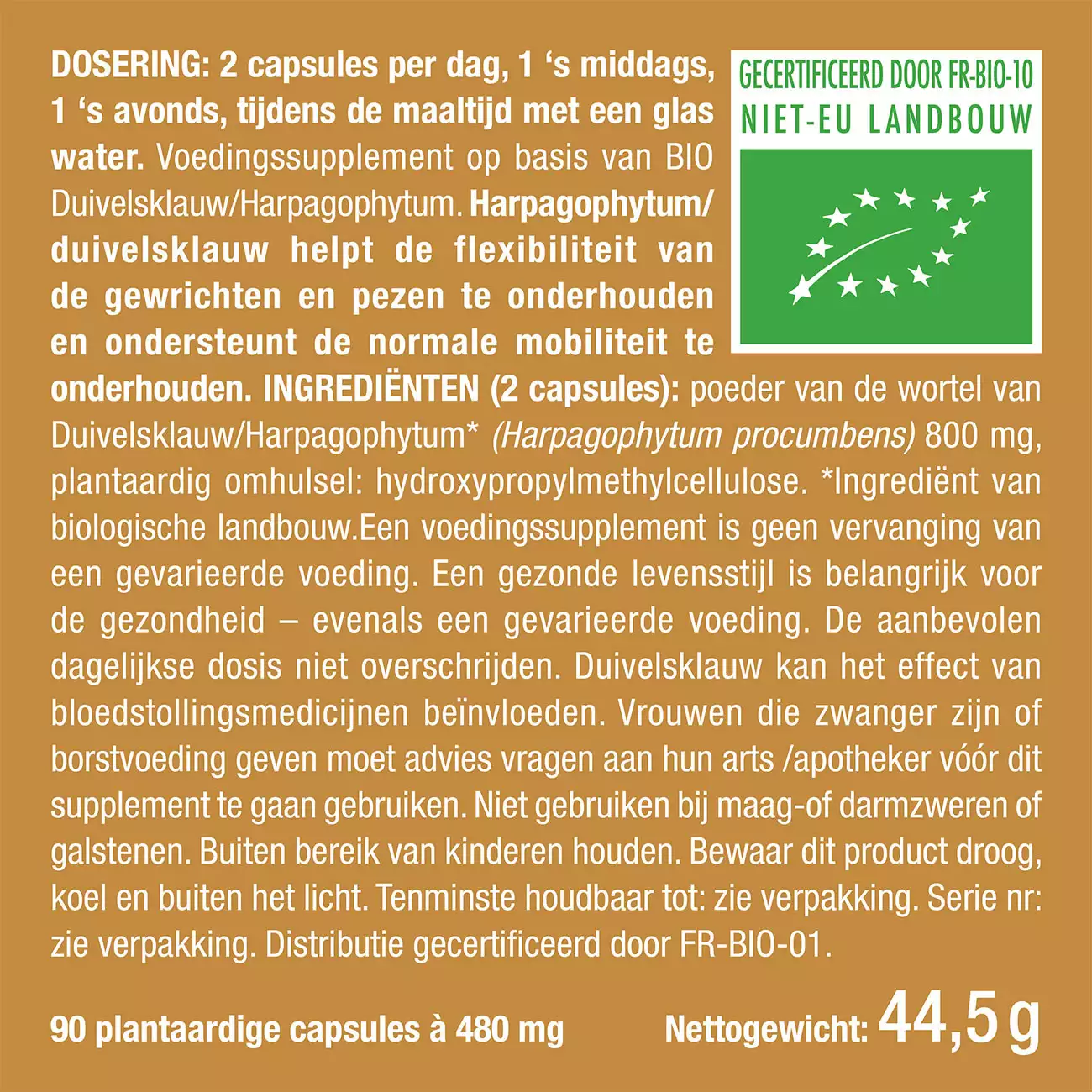 Witte achtergrond van het pillendoosje Biologische Harpagophytum / Duivelsklauw