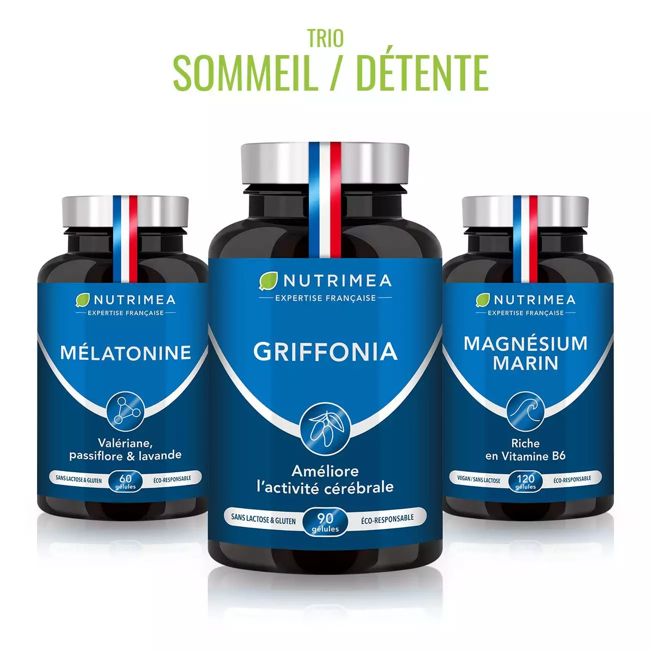 Fond blanc du pilulier de Trio SOMMEIL - Mélatonine, 5-HTP, Magnésium