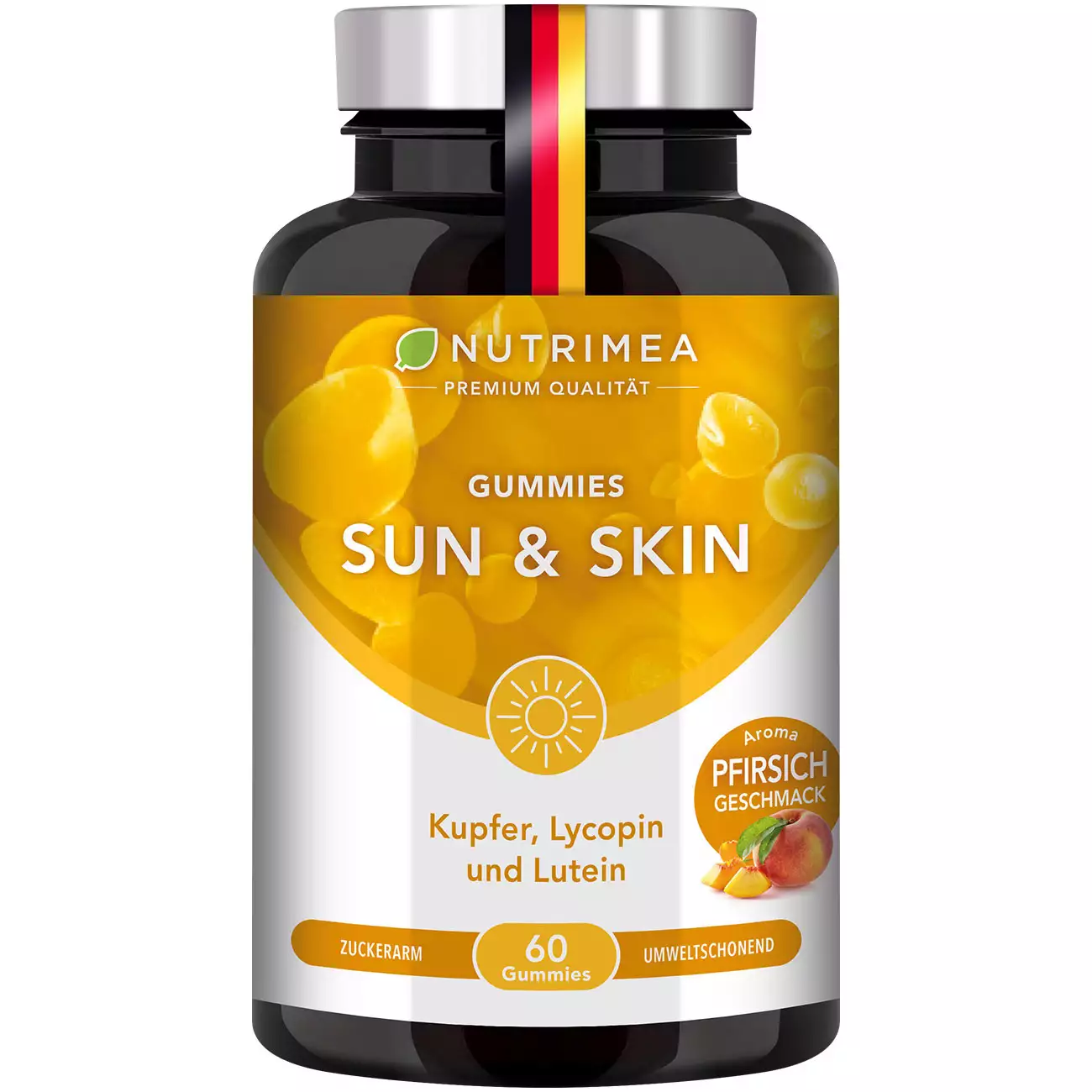 Weißer Hintergrund der Pillenbox von Sun & Skin Gummies - 100% Vegan & Ohne Zucker