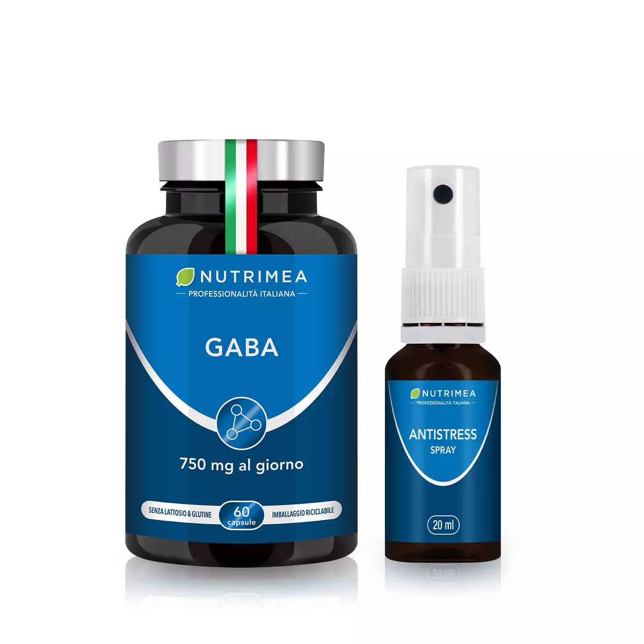 Sfondo bianco del portapillole Kit NO STRESS: Gaba + Spray Antistress