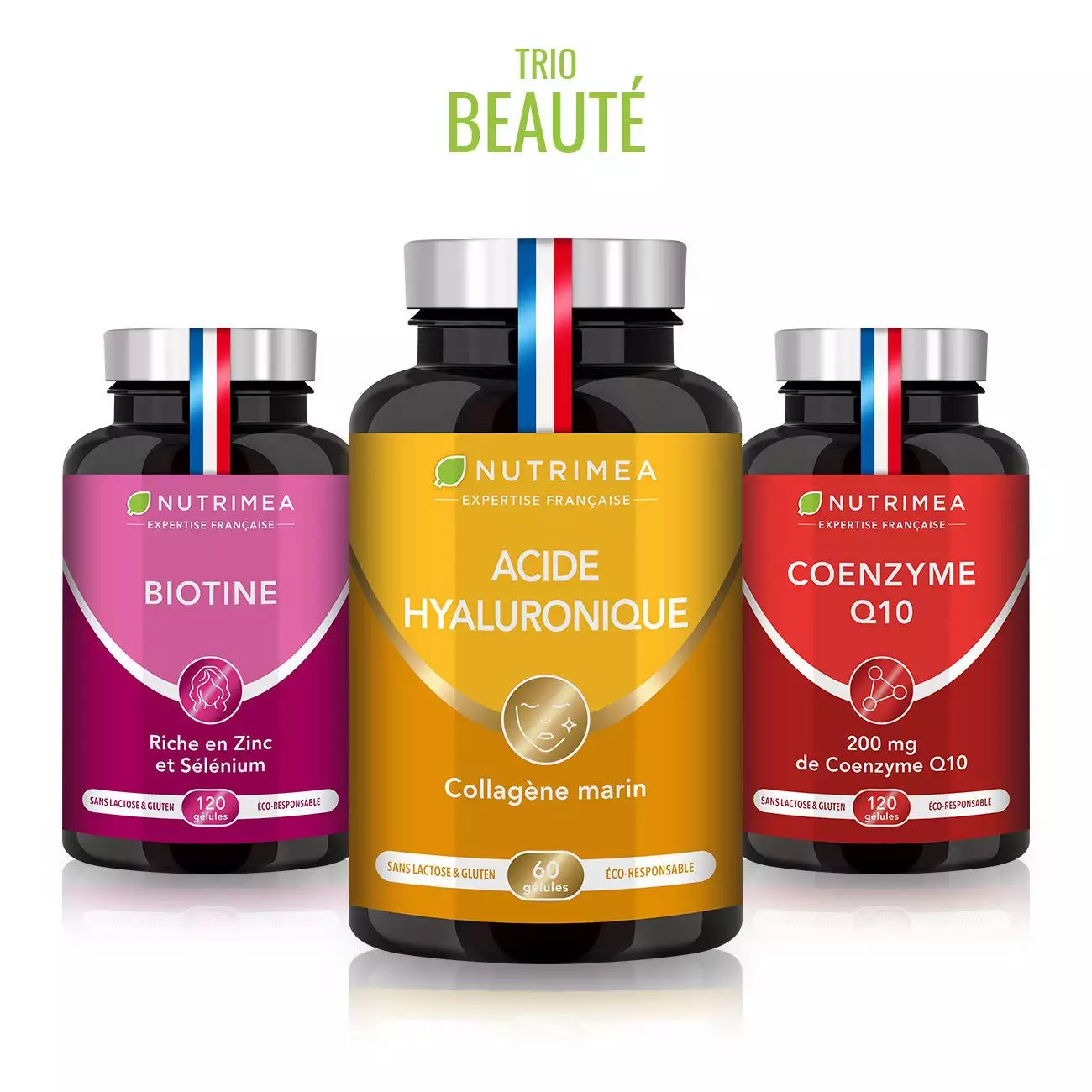 Fond blanc du pilulier de Trio BEAUTÉ - Biotine, Acide Hyaluronique, Coenzyme Q10