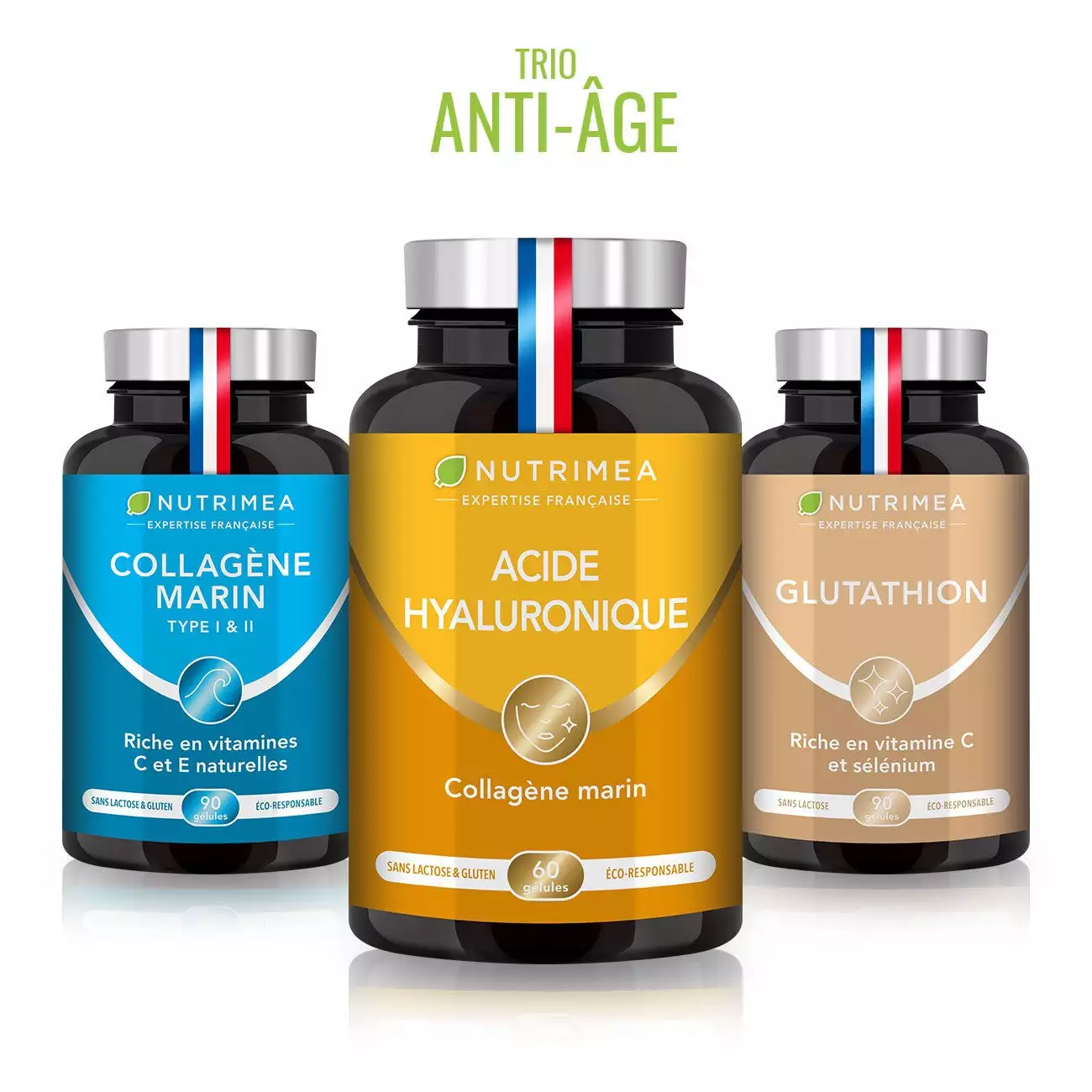 Fond blanc du pilulier de Trio ANTI-ÂGE - Collagène Marin, Acide Hyaluronique & Glutathion