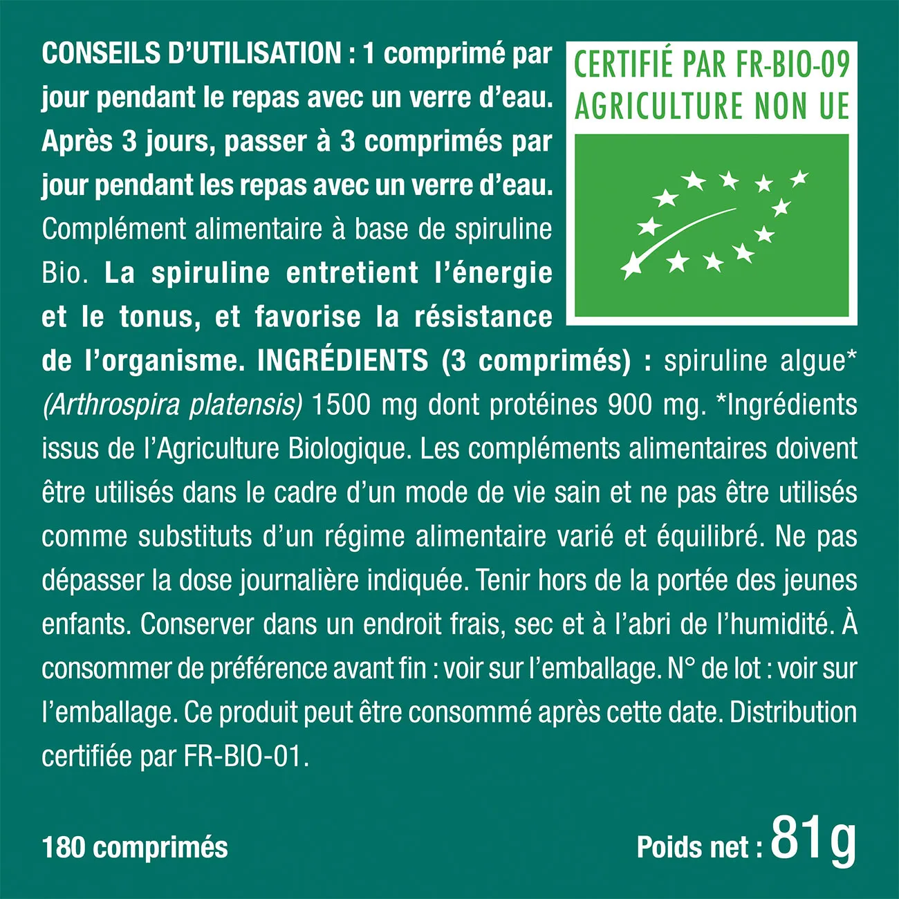 Bienfaits et contre indications pour Spiruline Bio
