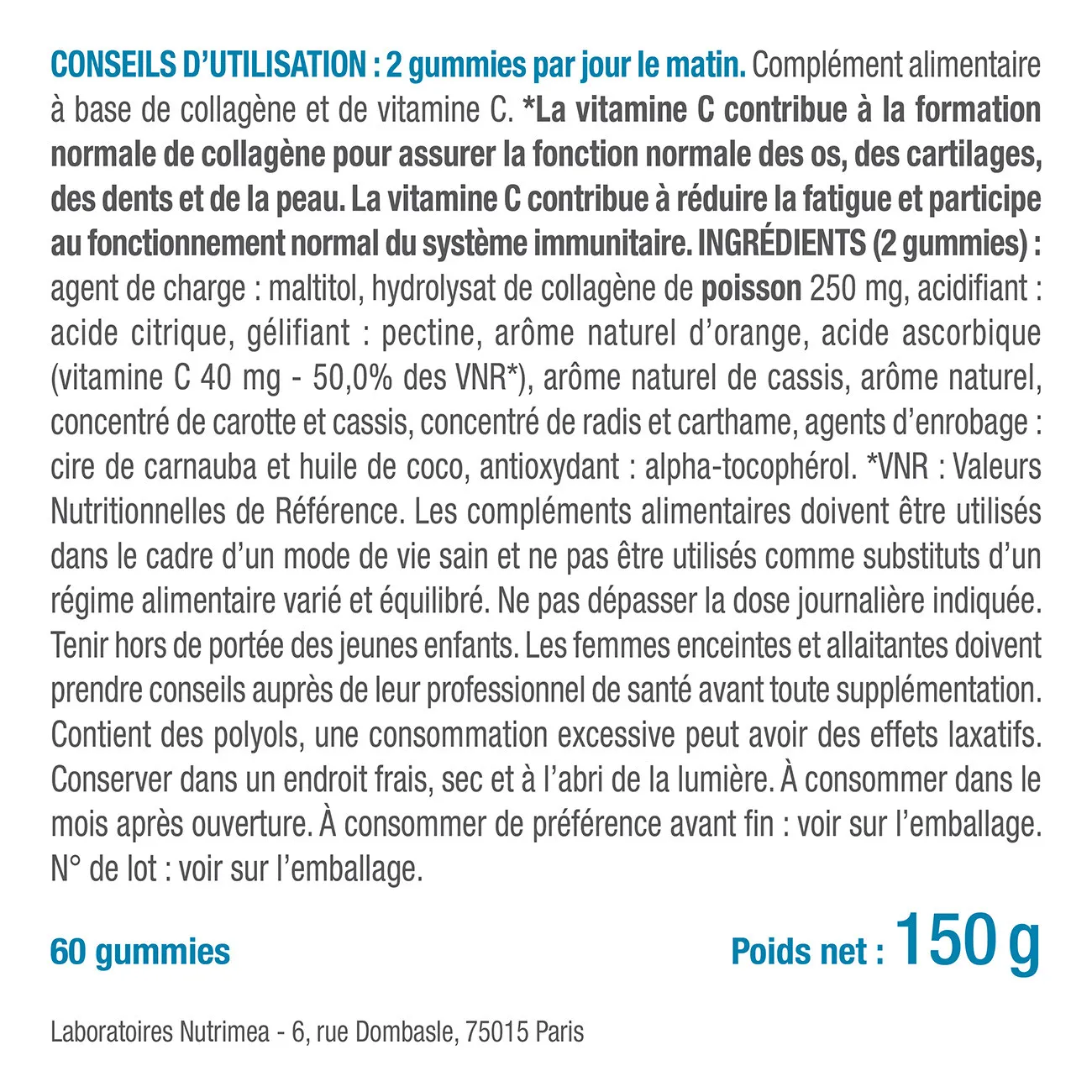 Etiquette et posologie du complément alimentaire en Gummies à base de Collagène et de vitamine C