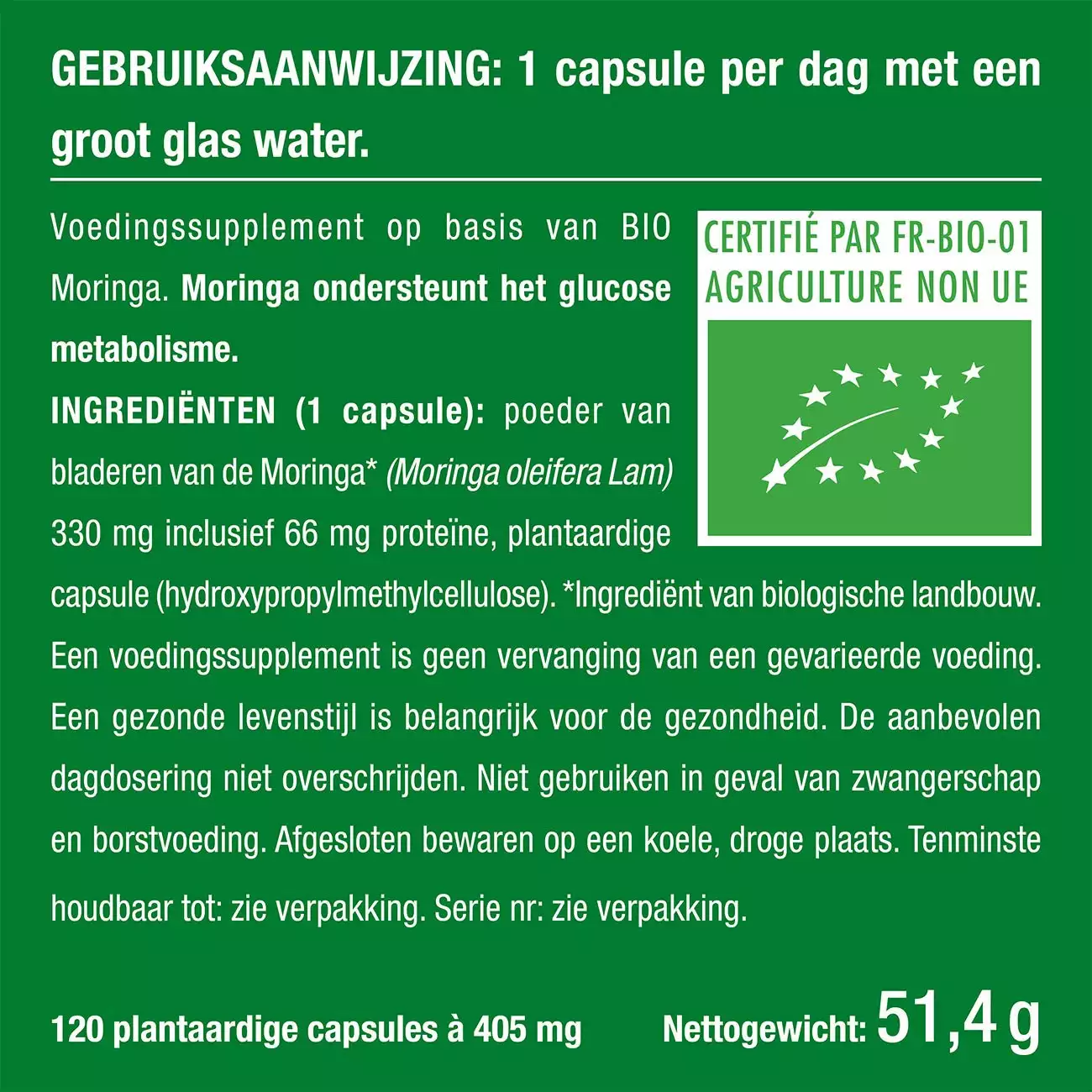 Witte achtergrond van het pillendoosje Biologische Moringa